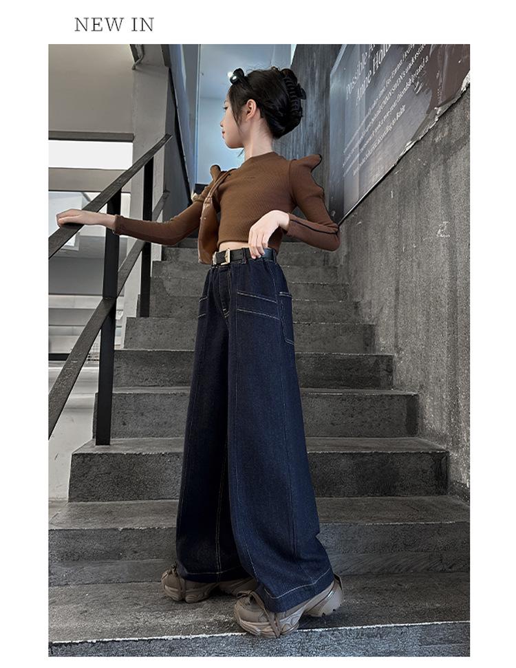 Winter 2025 Girls' Fleece-Lined Wide-Leg Jeans - Warm, Solid Color, Casual Long Pants