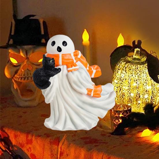 Halloween Ghost Figurine Resin Ghost And Ghost Wearing Scarf Ornament Cat Statue Desktop for Mantel