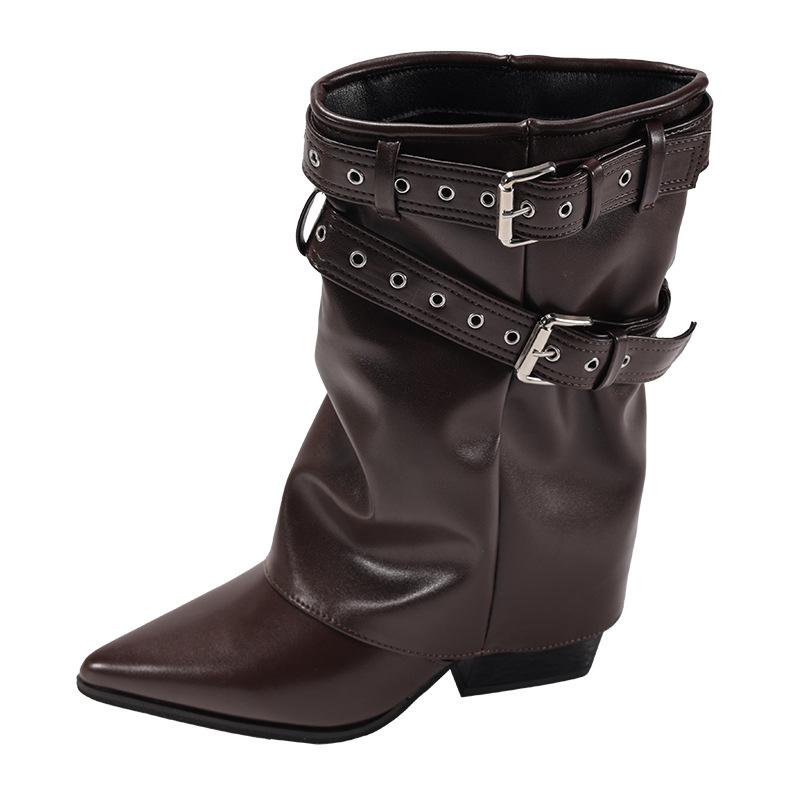 Fashion Autumn Vintage Thick Heel Women Western Cowgirl Boots Fashion Belt Buckle Ladies Elegant Slip On Mordern Mid Calf Booties