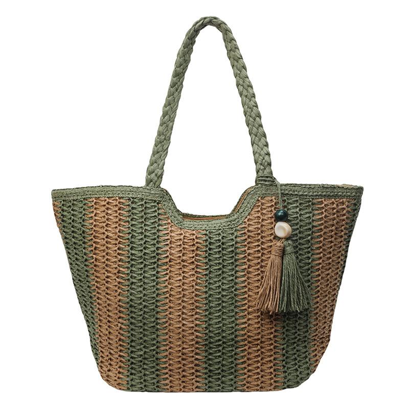 New Vertical Striped Straw Bag High Value Handbag Women's Shoulder Tote Bag Woven Bag Holiday Wind Beach Bag