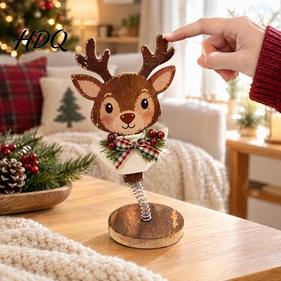 Vintage Christmas Room Decor Retro Wooden Ornaments Gingerbread Man/Reindeer/Snowman Figurine with Spring Base Nodding Elk Xmas Desktop Decorations