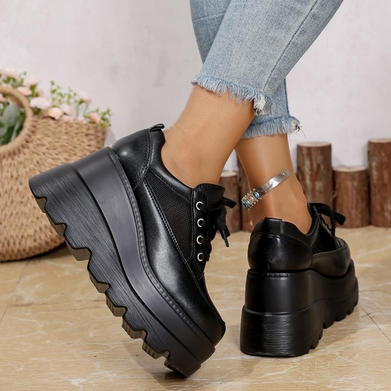Casual Solid Black Super High Heel Loafer Women 2025 Autumn Chunky Platform Lace Up Pumps Thick Bottom Breathable Mesh Shoes