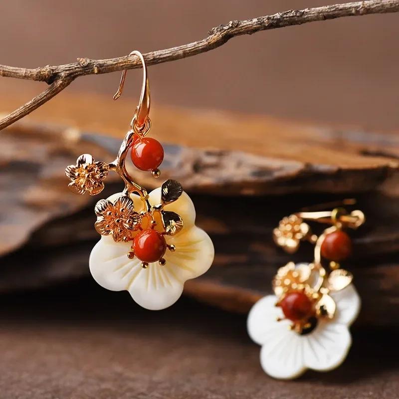 Vintage Flower Natural Stone Earrings for Women Girl Ethnic Style Gold Earrings Jewelry Accessories Birthday Gifts Earrings