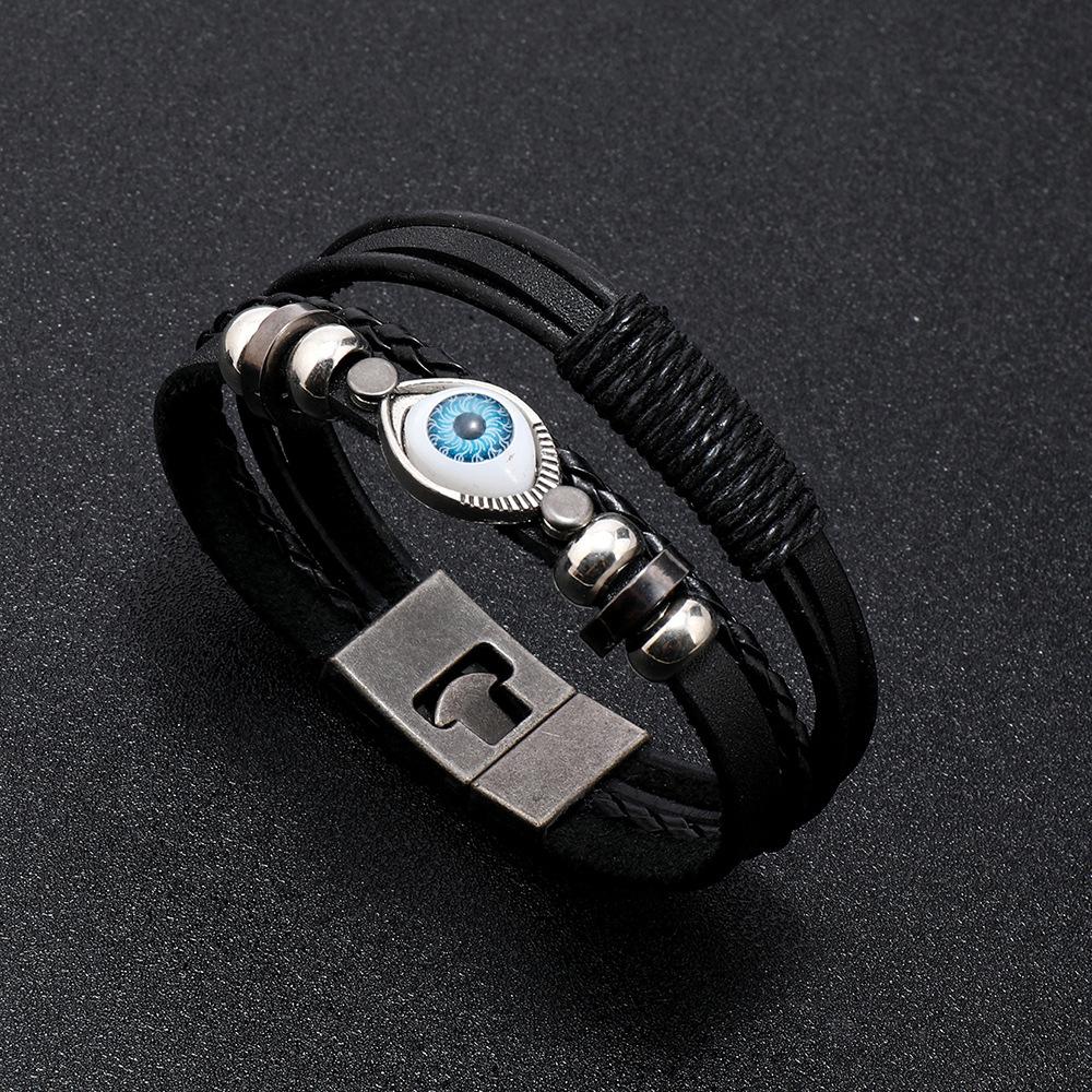 Pulseira Retrô Masculina Olho Grego Fecho Largo Tecida à Mão Pulseiras de Couro Multicamadas Bangles Joias de Luxo Presente