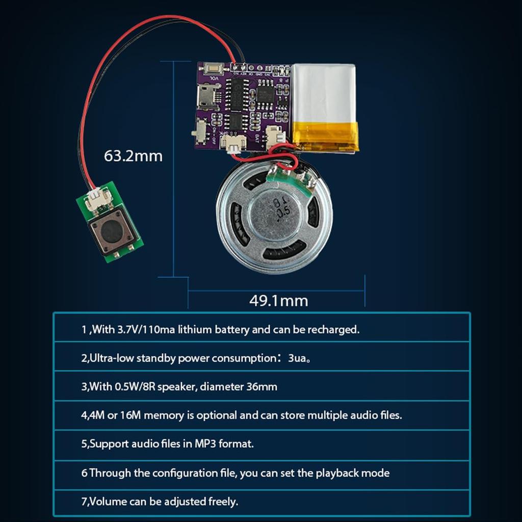 Sound Module,16 MB Push Button Control Activated Vioce Chips, MP3 Music Sound Module for Crafts, Christmas,New Year Greeting Presents Cards Box with