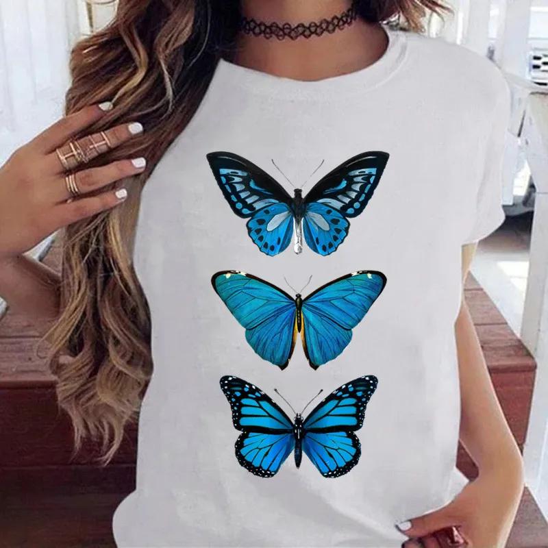 Woman Butterfly Tree Print Harajuku Summer Tshirts Casual Round Neck Short Slee Top Tee Shirt Women Black T-shirt Drop Ship