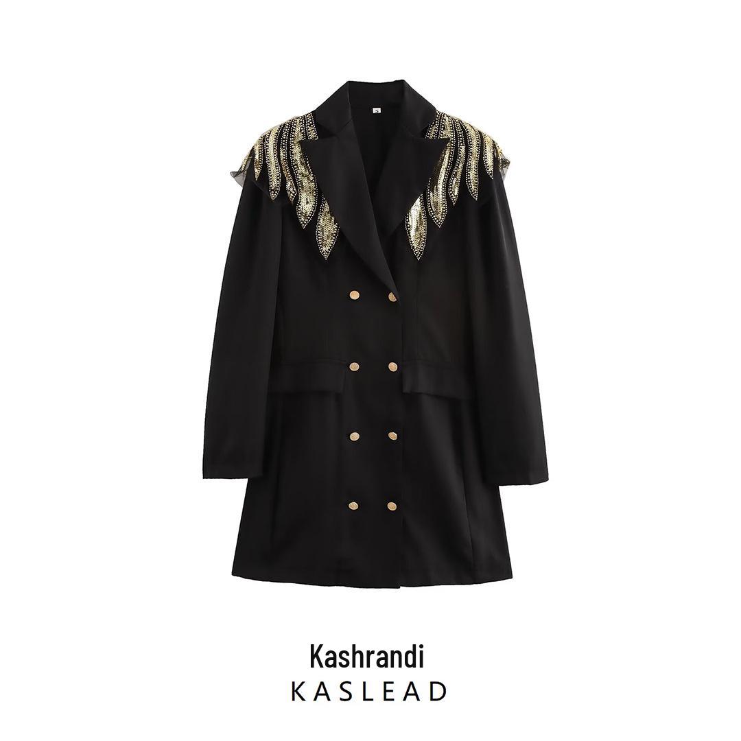 

2024 Fall Women s European & American Style Beaded Wing Long Sleeve Dress M чорний