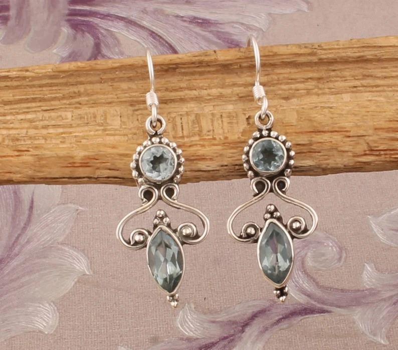 Blauer Topas Edelstein, massiver 925er Sterlingsilber, handgefertigter Ohrring, Damen-Party-Ohrring, Geschenk für Sie