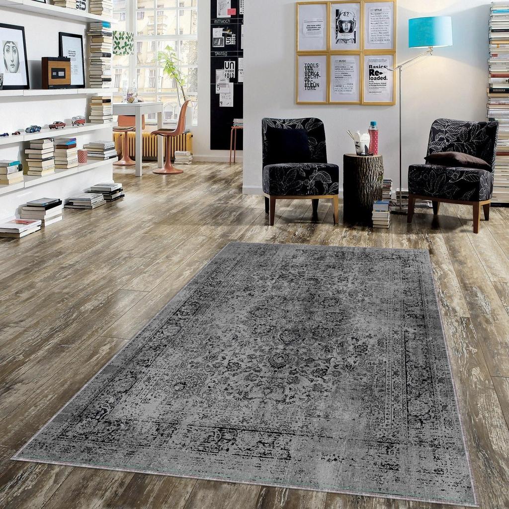 Vintage Gray Soft Carpet - Non-Slip Base, Machine Washable Area Rug, Retro Turkish Oriental Kilim Rug