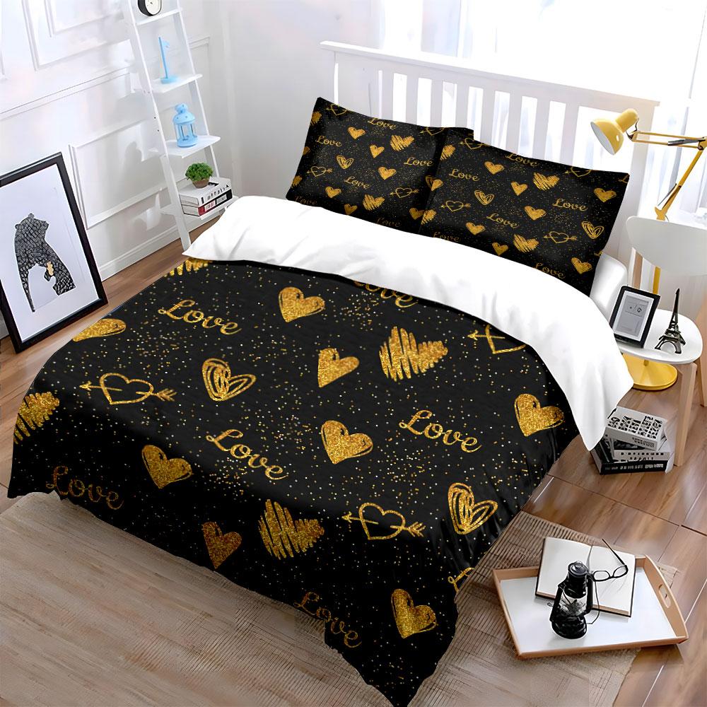 Golden Love Hearts Pattern Bedding Duvet Cover Set Duvet Cover Pillowcases  (1*Duvet Cover 2*Pillowcases, Without Duvet Insert)