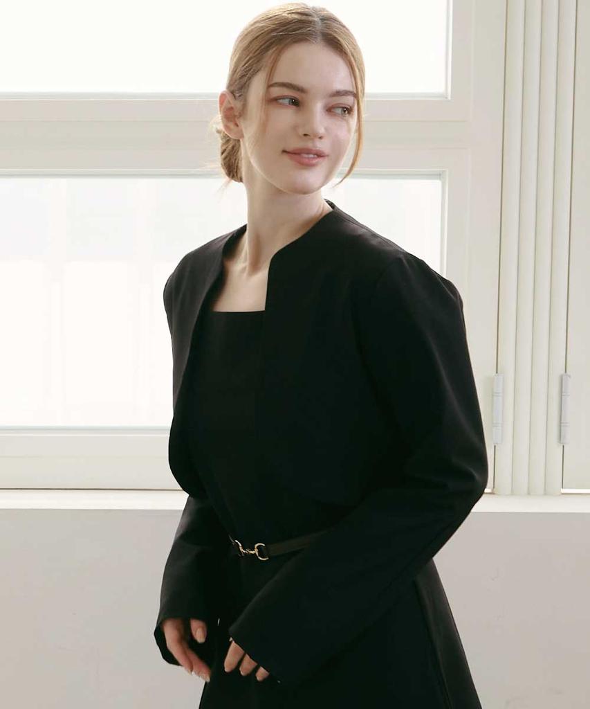 Peohaebseubaianna (Set) Square Neck Flare Long Dress Bolero Jacket Set