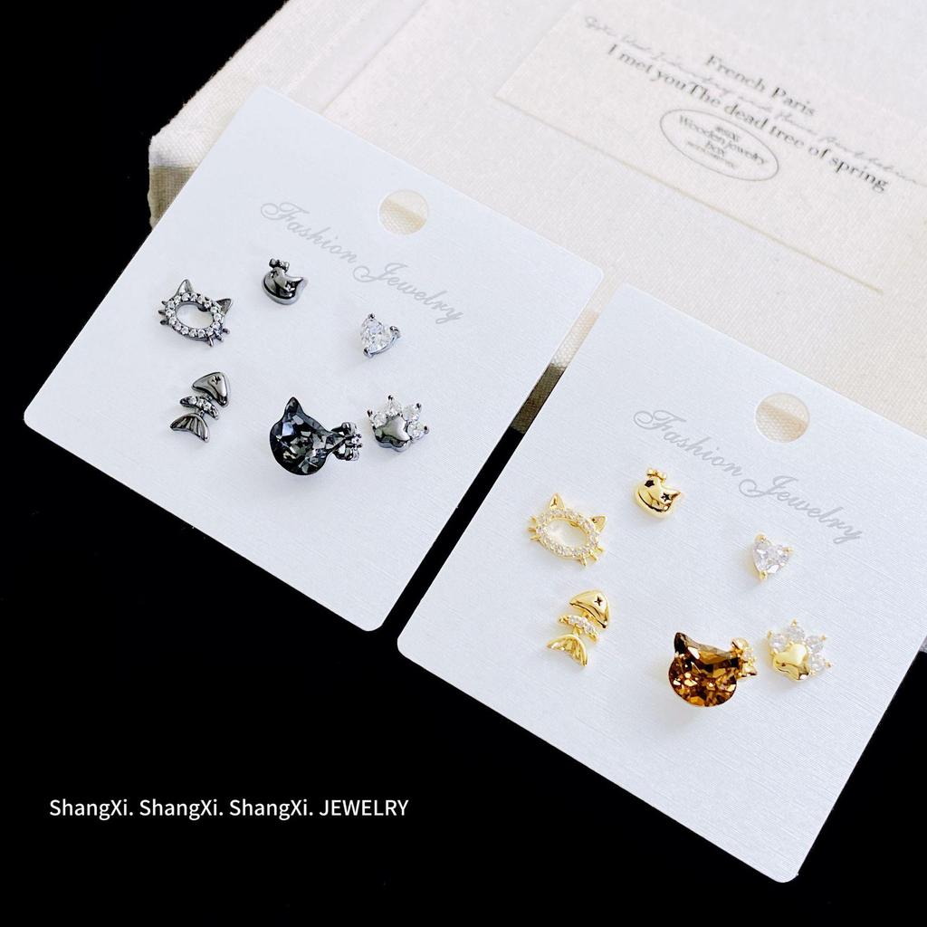 Kanamina Cute Kitten Fishbone Stud Earrings Set, S925 Silver with Inlaid Diamonds - 3 Pair Versatile Set