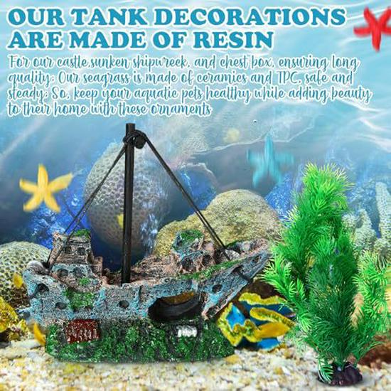 Reptile & Aquatic Decor Set: Resin Ship & Castle Ornaments with Simulated Plants