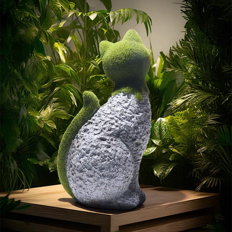 Flocked Sitting Cat Sculpture - Resin Craft Decorative Figurine, Garden Decoration, Horticultural Ornament