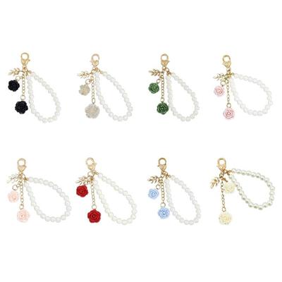 Trendy Pearls Chain and Rose Keychain with Alloy Clasp Rustproof Key Holder Resin Flower Keyring Elegant Bag Charm