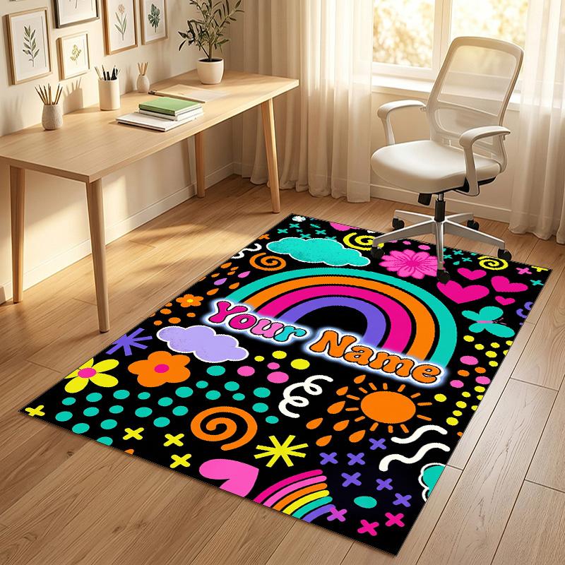 Rainbow Dreams Theme Soft Crystal Velvet Rug Custom Name & Text Print Non Slip Floor Rug for Bedroom Living Room