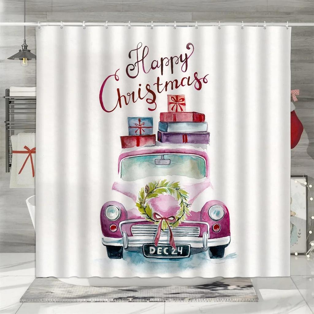 Unframed Christmas Shower Curtain, Winter Snowman Father Christmas Farmhouse Truck Snowflake Christmas Tree Red Bird Bathroom