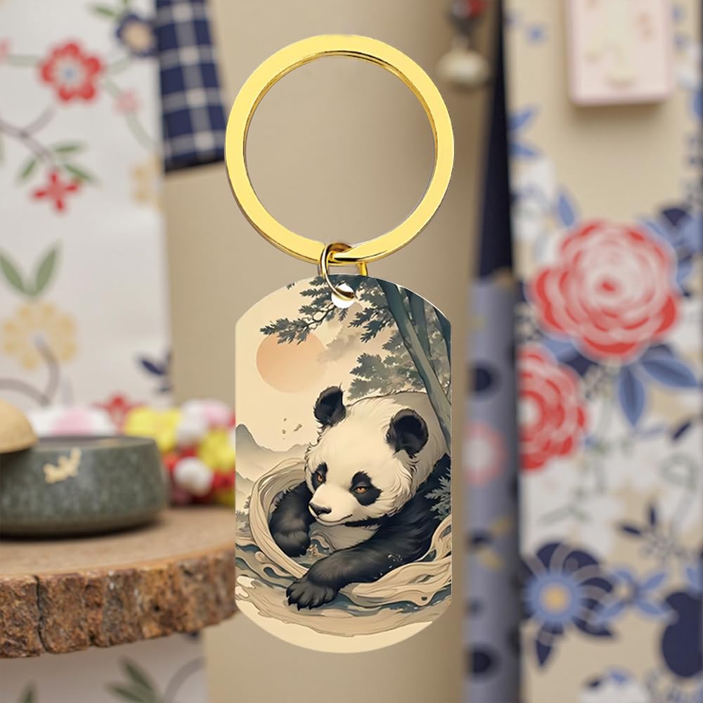 Panda Keychain Japanese Nature Relaxing Mountain Gift Box Stylish Key Japanese Zen Decor [XIOUDO] Ukiyo-e Design, Accessory, Scenery, Included,