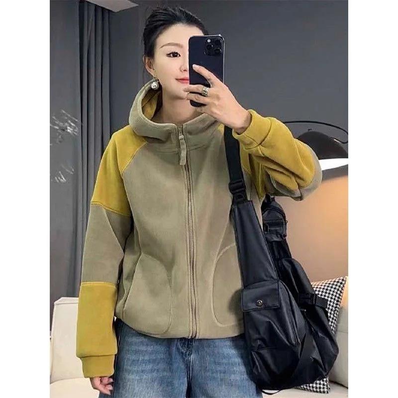 Modischer und lässiger vielseitiger Kontrast-Kapuzen-Reißverschlusstaschen-Cardigan Langarm-Jacken-Oberteil