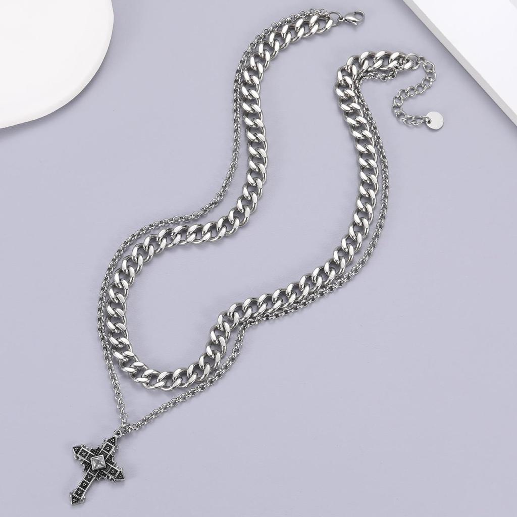 Naszyjnik Podwójny Łańcuch Popularny Kihei Szerokość Łańcucha Krzyż Naszyjnik Krzyż Wisiorek Stal Nierdzewna Hip Hop Raper Akcesoria Prezent Alergia na Metal