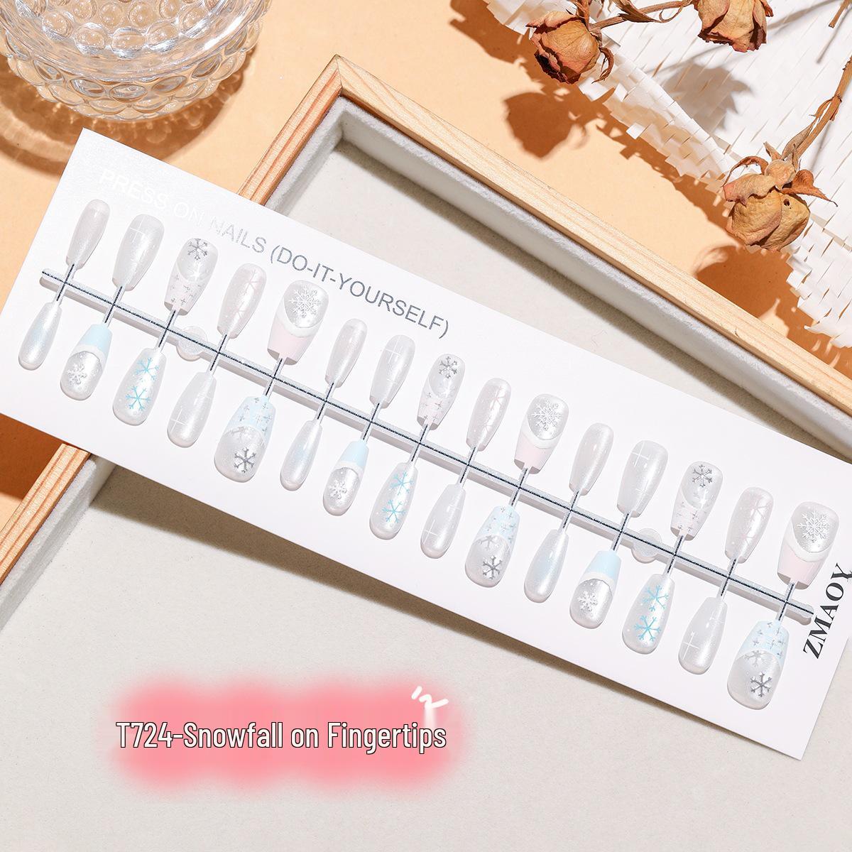 T724# Snowfall Fingertips: 3D Cat Eye Wearable Nail Stickers - French Blue & Pink Snowflake Design Whole Set S/S/M