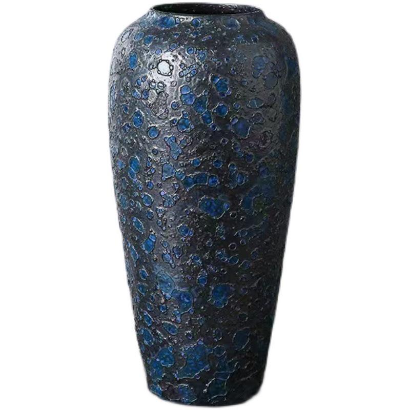 Jingdezhen Keramisk Vas Set - Ädelblå Bubbelglasyr med Silkesblommor (3-delad)