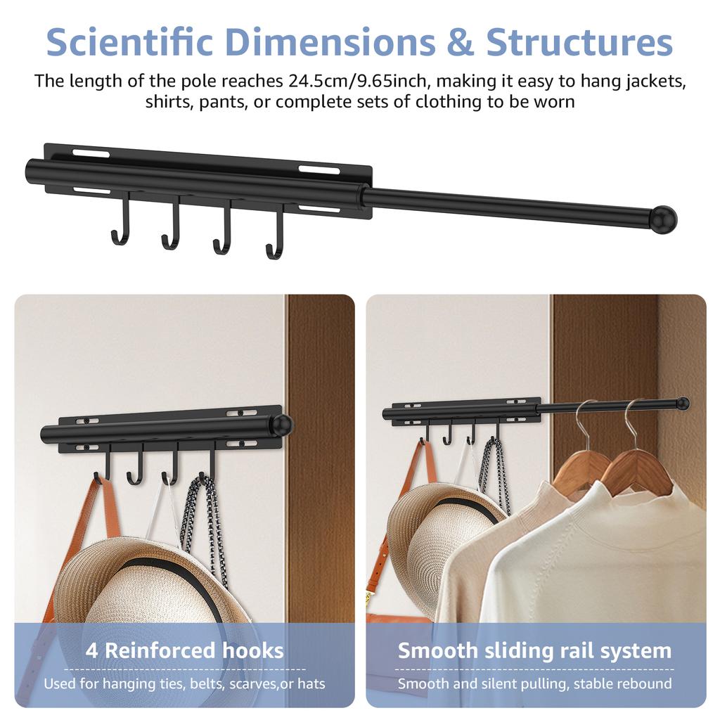 Pull-Out Closet Valet Rod Retractable Wardrobe Clothing Slide Rail with 4 Hook Extending Closet Rod Hanger Rack