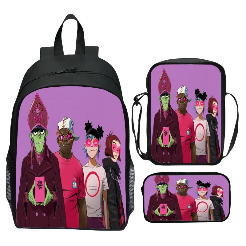 Gorillaz UK Virtual Band Printed Cartoon Backpack 3-Piece Set School Bag Lightweight Large Capacity