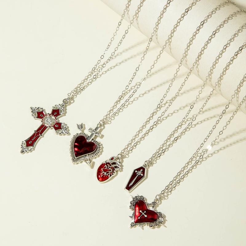 Gothic Hollow Out Diamond Studded Cross Pendant Necklace Set Y2K Personalized Thorn Love Black Bead Stacked Necklace Set