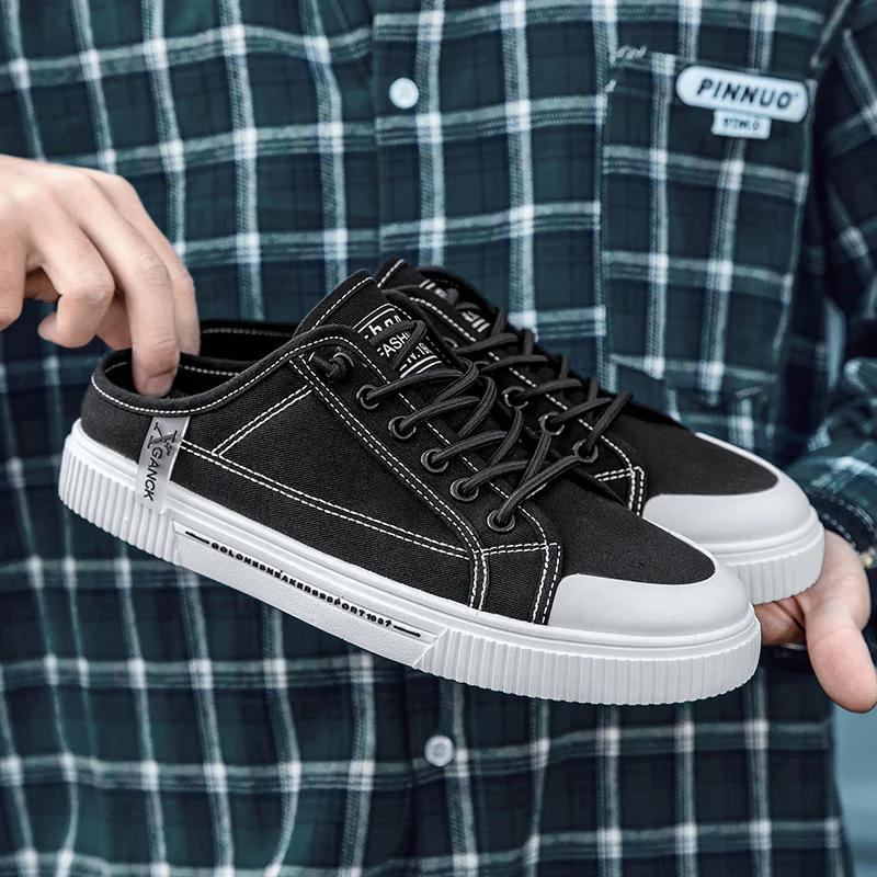 Summer Half Dragged Casual Shoes Canvas Breathable Flat Bottom Non Slip Walking Outdoor Street Casual Shoes Set Foot Lazy Shoes