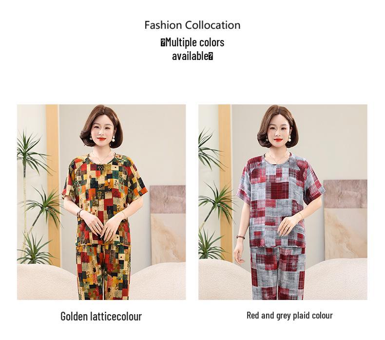 Plus Size Women's Summer Cotton Pajama Set - Short-Sleeved Homewear for Middle-Aged & Elderly