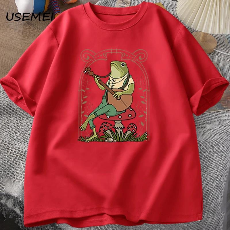Cute Cottagecore Frog Playing Banjo T Shirts Men Women Cotton Funny Mushroom Naturecore T Shirt Summer Casual Short Sleeve Tees