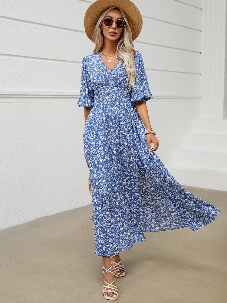 Women Casual Floral Print Bohemian Beach Dress Spring Summer V-neck Short Sleeve A-Line High Waist Elastic Ankle-Length Slit Dress
