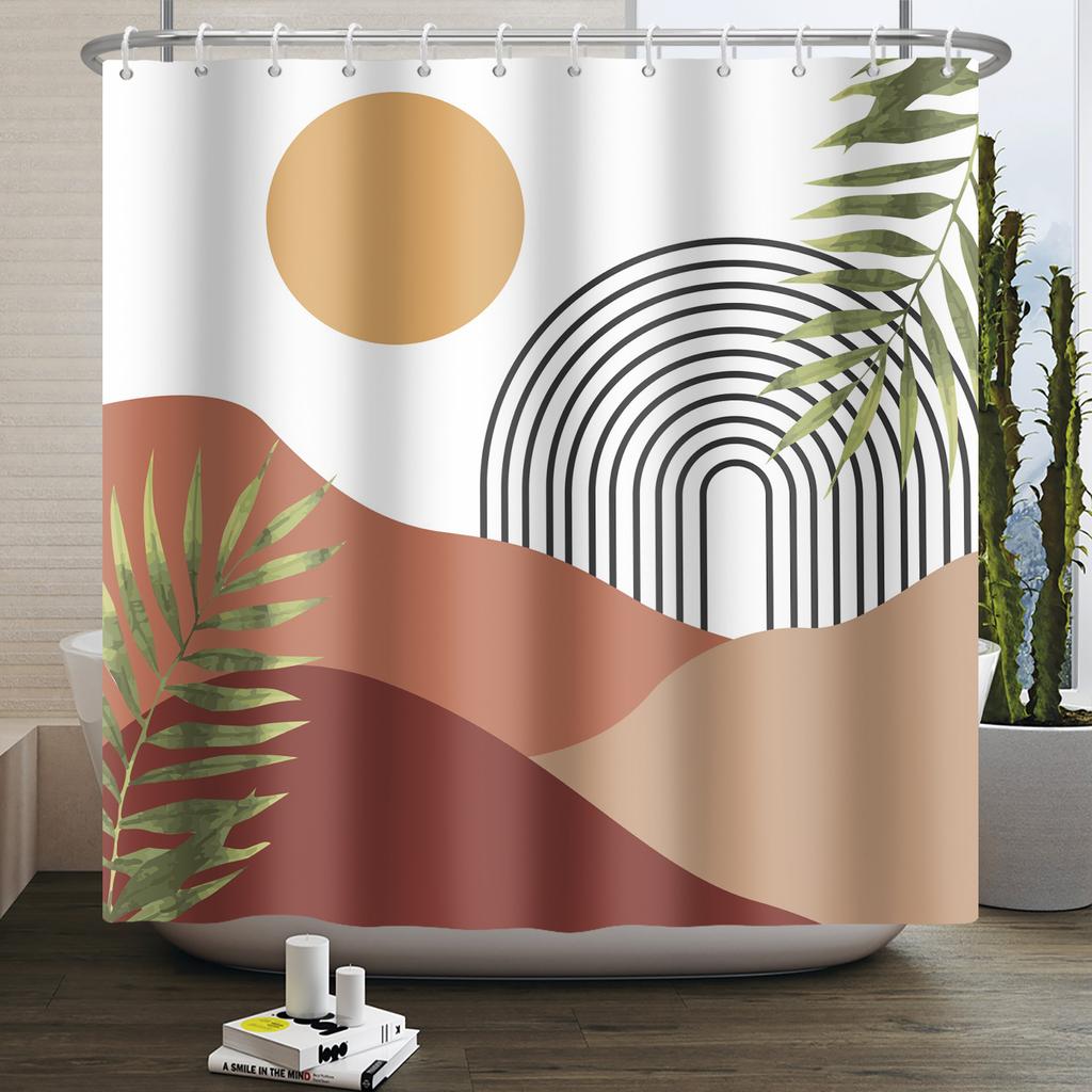 Mid Century Abstract Boho Shower Curtain Green Leaf Plant Modern Arch Sun Minimalist Nordic Waterproof Bathroom Bath Curtain