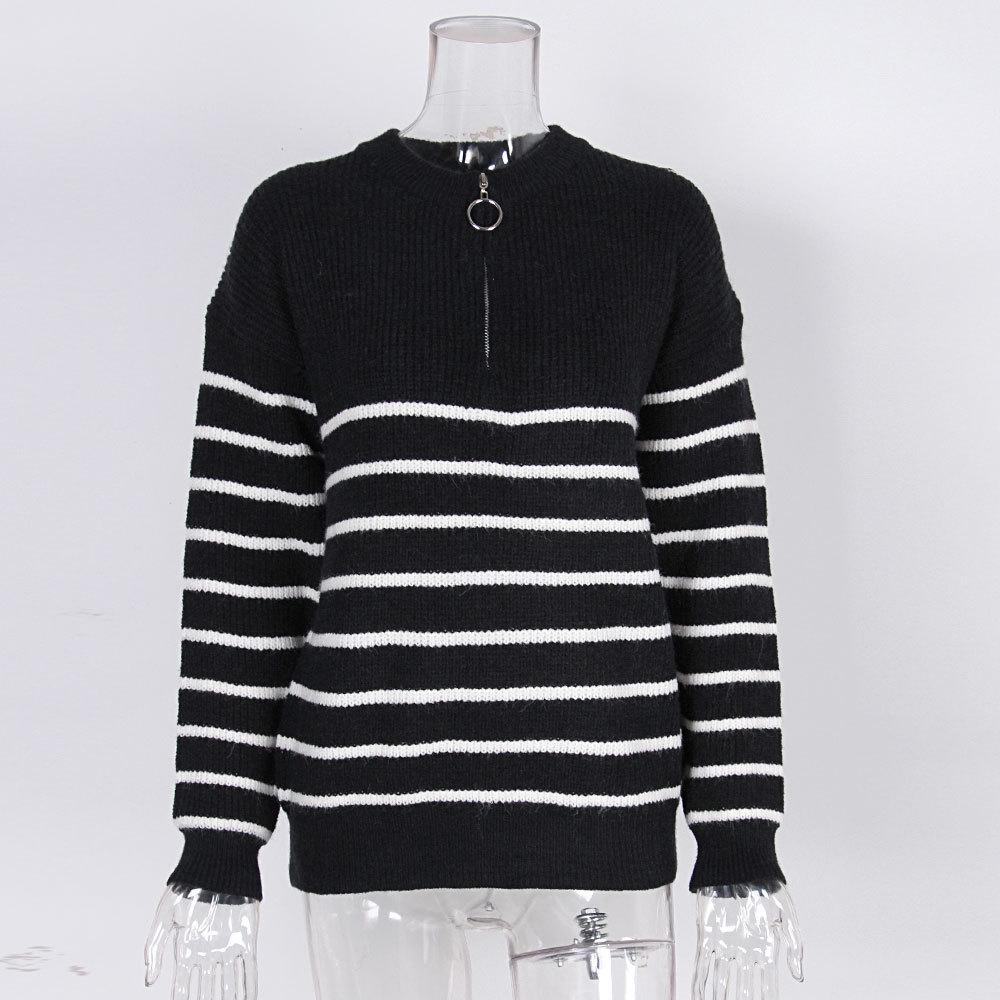 Women's High Neck Sweater: Autumn/Winter Striped Color Block Long Sleeve Zipper Pullover Knitwear