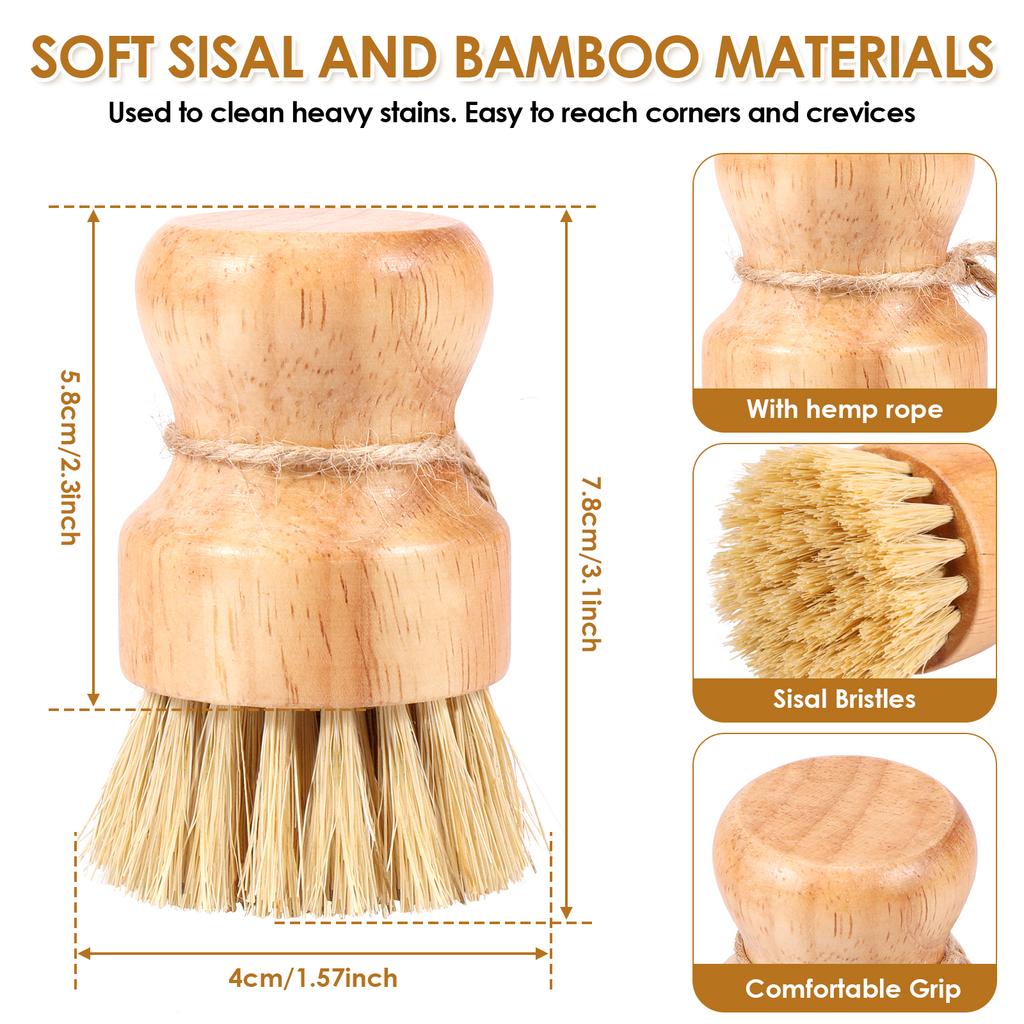 3Pcs Dish Brush Natural Dish Scrub Brush Wooden Cleaning Brush with Handle Kitchen Cleaning Tools for Washing Cast Iron Pan/Pot