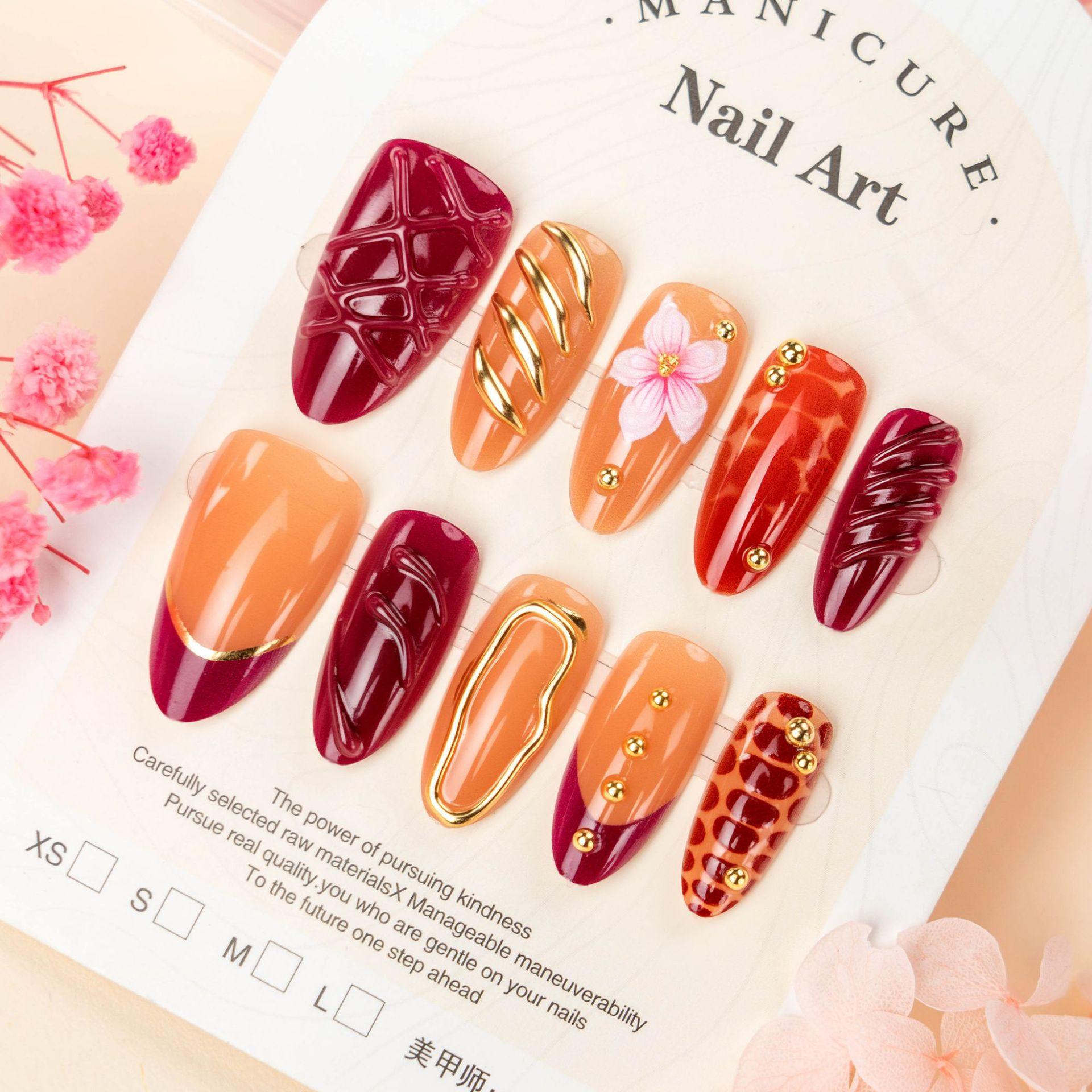 30 pieces of hot-selling leopard print gilt French almond wearing armor 3D three-dimensional flower handmade diamond manicure white