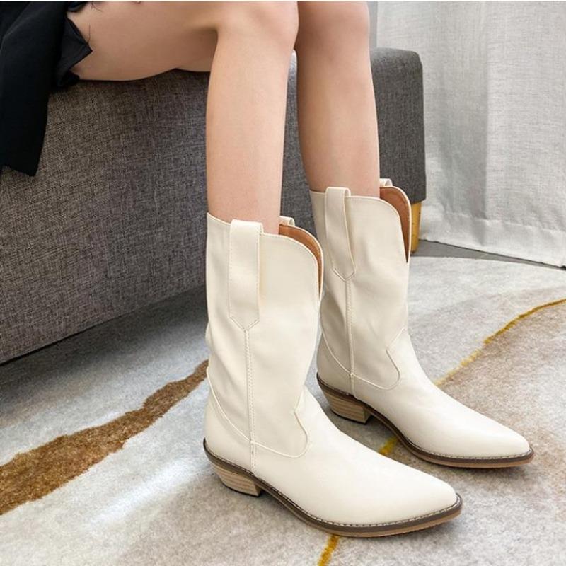 New Style Women's High Heels Mid Calf Pleated Boots for Women Winter Brown Leather Western Boot Woman Thick Heeled Cowgirl Boots