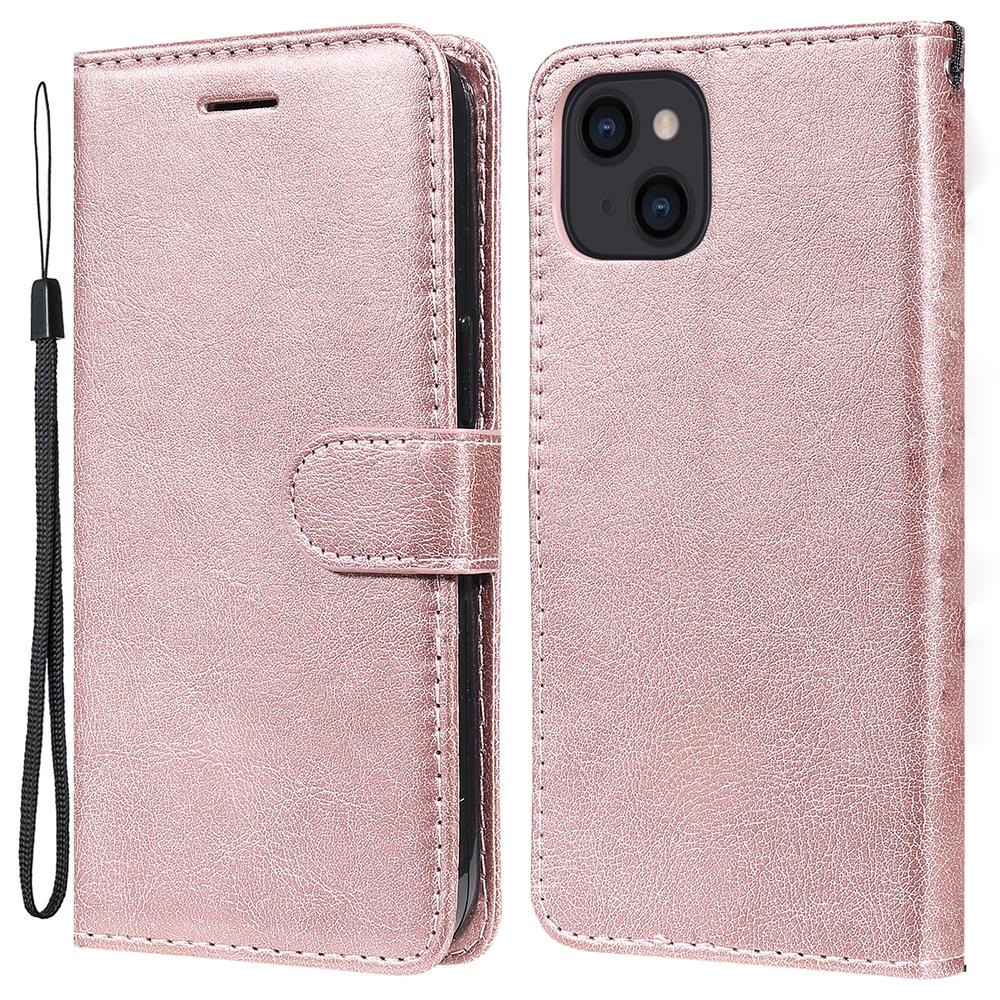 

For iPhone 15 Case Solid Color Leather Mobile Cover Wallet Stand with Strap Rose Gold