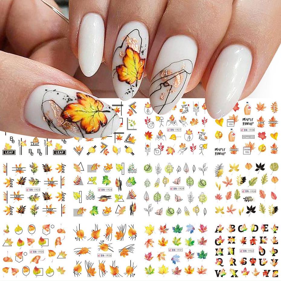 Nail Art Watermark Sticker Ins Blockbuster Autumn Gold Fallen Maple Leaf Nail Transfer Sticker