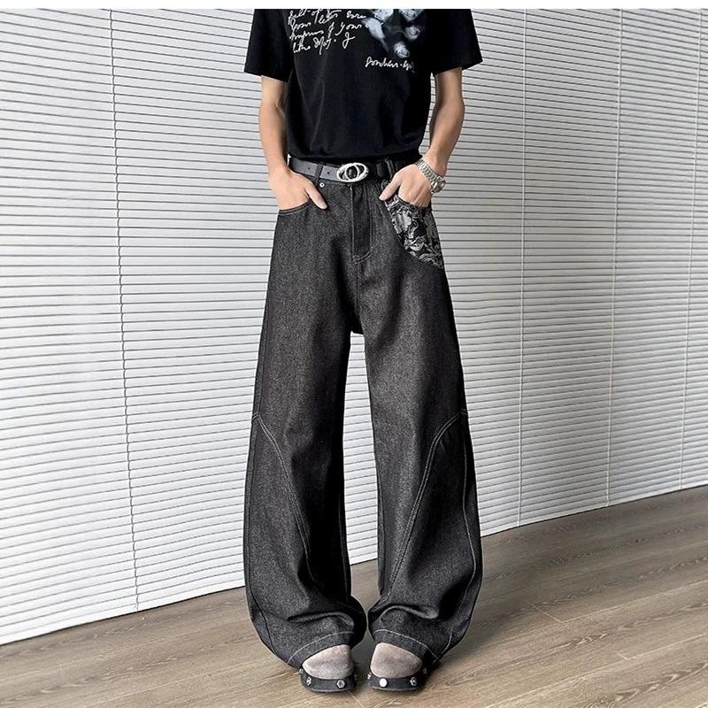 American cleanfit retro jeans men's summer primary color splicing jacquard deconstruction loose wide-leg trousers