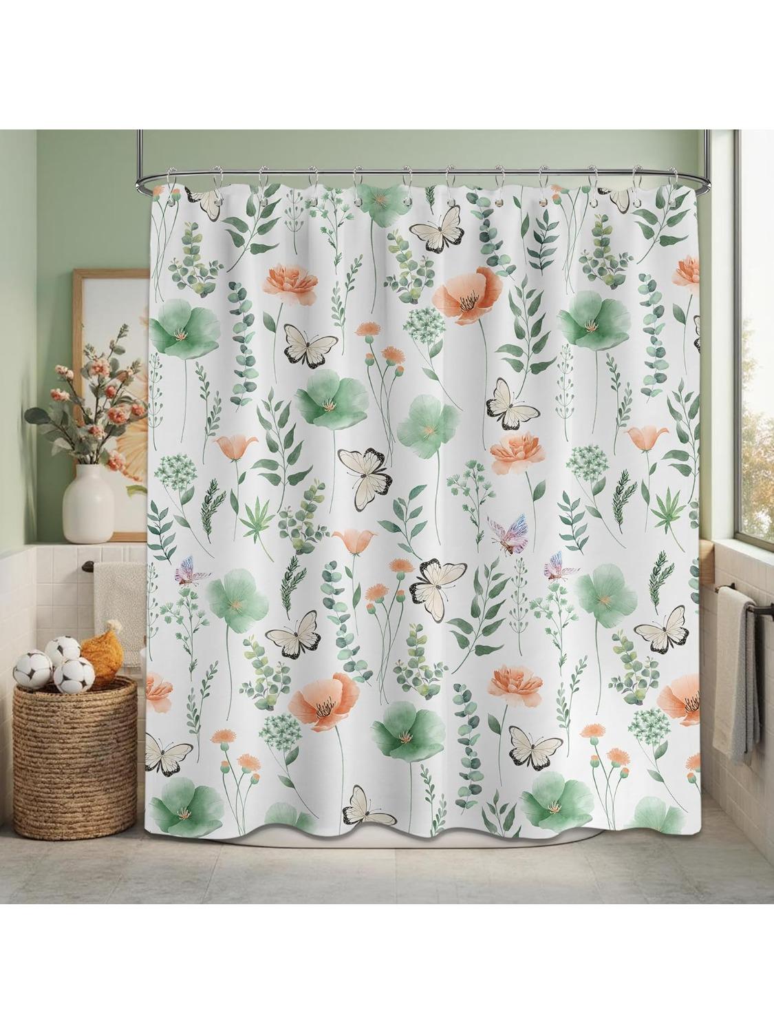 

Green Floral Shower Curtain With Butterfly,Waterproof Botanical Fabric Bathroom Shower Curtains, Spring Summer Wildflower Flower W60H190(CM)-1 Pcs