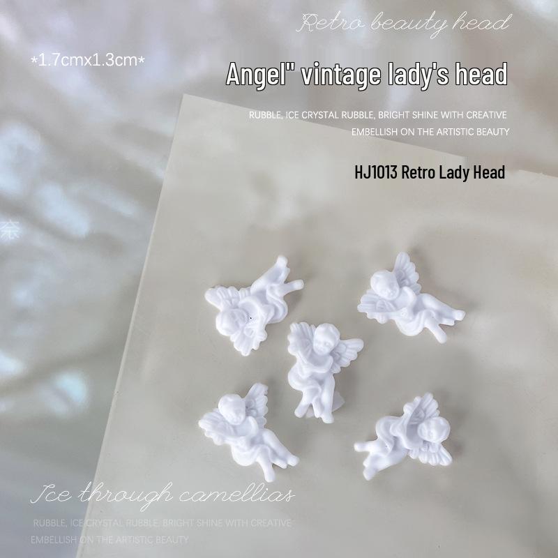 Baroque Angel Relief 3D Nail Art Decorations - Vintage White Metal, 5 Pieces