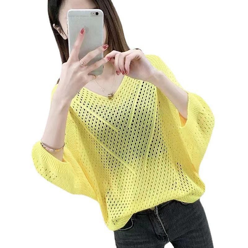 Seven-quarter-sleeved Short Top Summer Thin V-neck Bat-sleeved T-shirt Women's Blouse Loose Large Size Hollow Knitted Sweater Women's