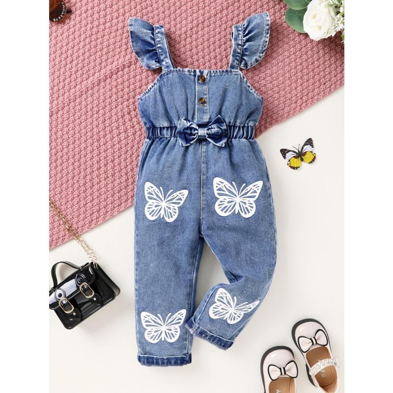 2pcs Set Of Elegant, Sweet, And Cute Little Girl'S Neat Color Pit Stripe T-shirt And Butterfly Print Ruffled Denim Jumpsuit Suitable