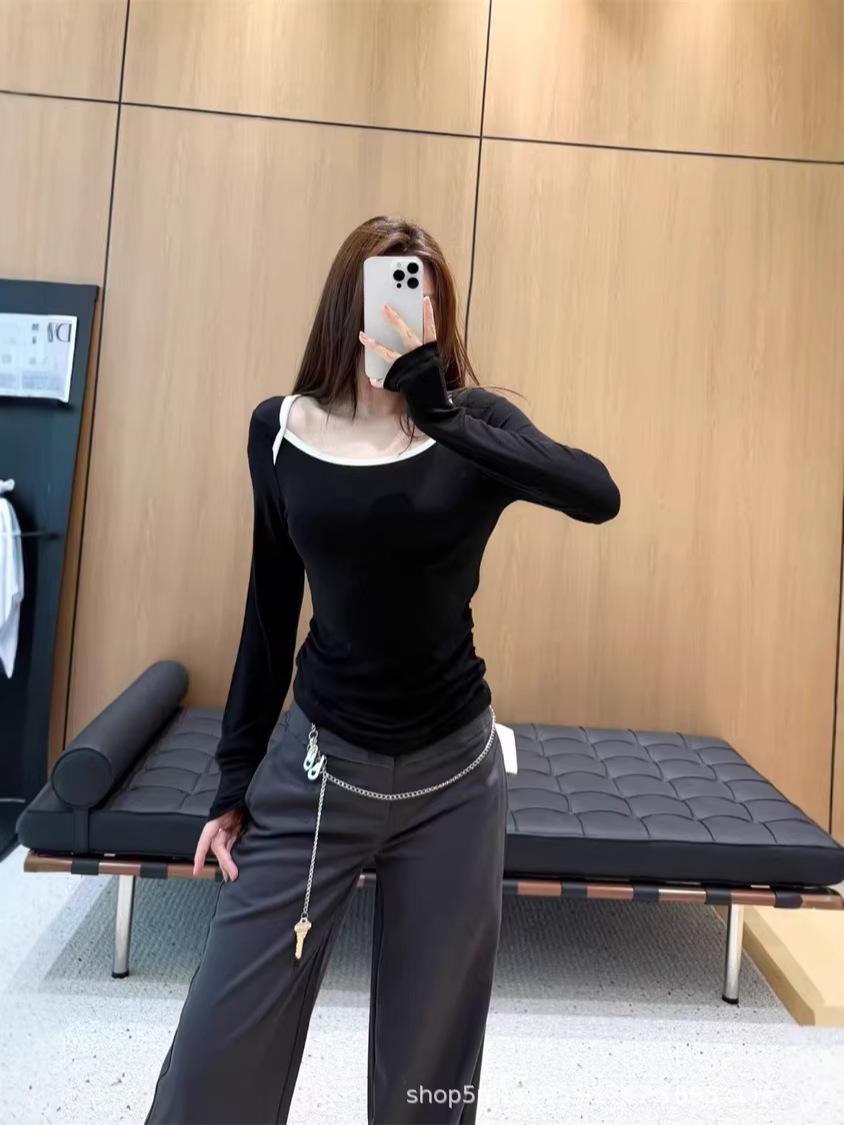 

2026 Early Spring Women s Slim Fit Color Block Envelope Collar Long Sleeve T-Shirt Large чёрный