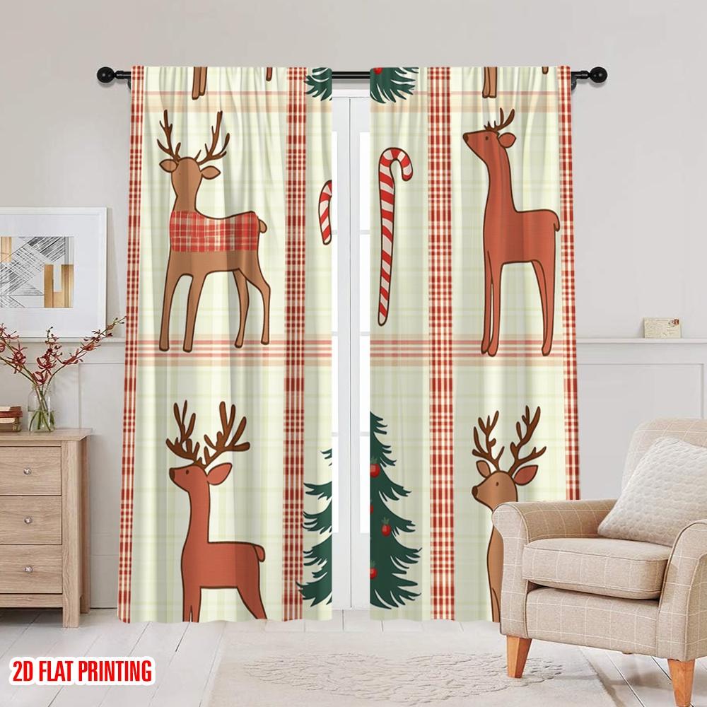 2pcs,2D Plane Printing Window Curtain Christmas Trees Candy Canes Reindeer (3) Polyester Fabric (without Rod) All Seasons
