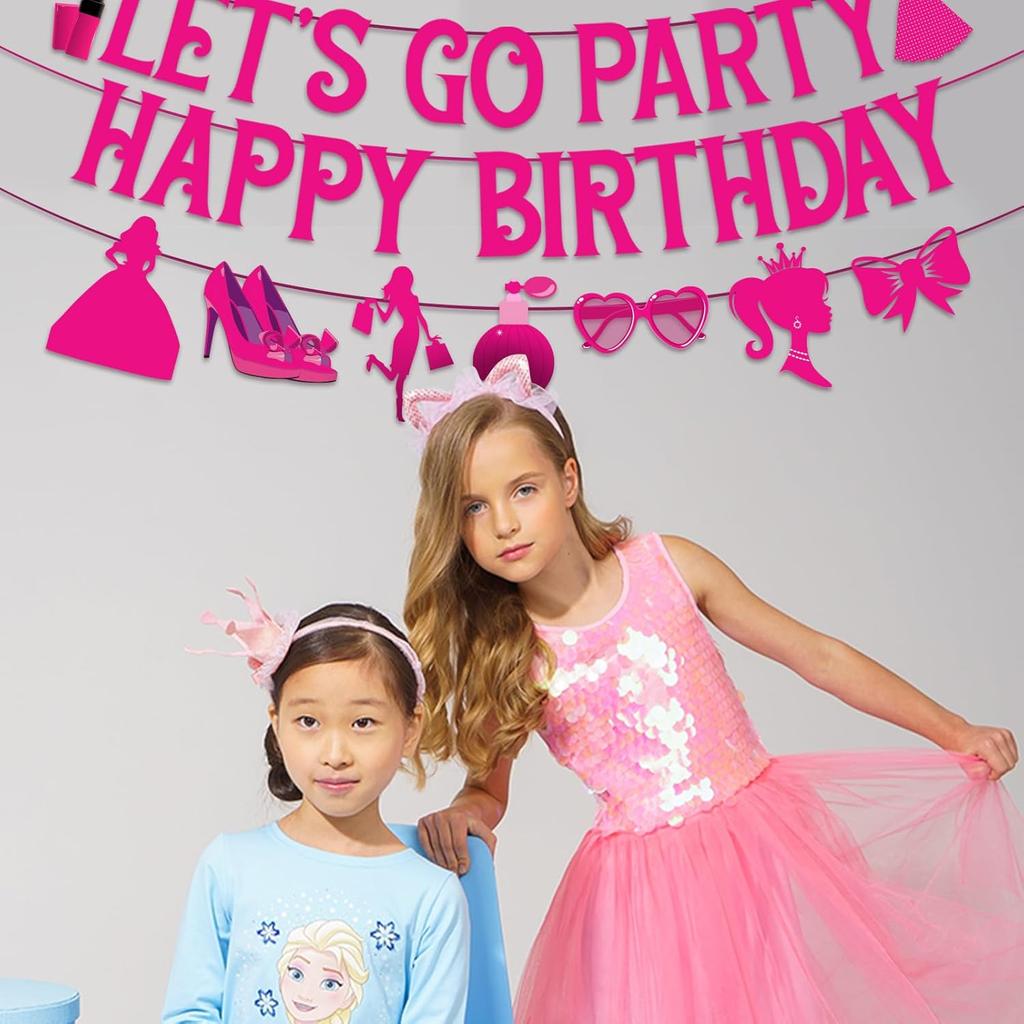 Let's Go Party Happy Birthday Banners for Women, Hot Pink Princess Banners for Girl Doll Theme Party Ladies Birthday, Cute Photo Backdrop, 21st Bday