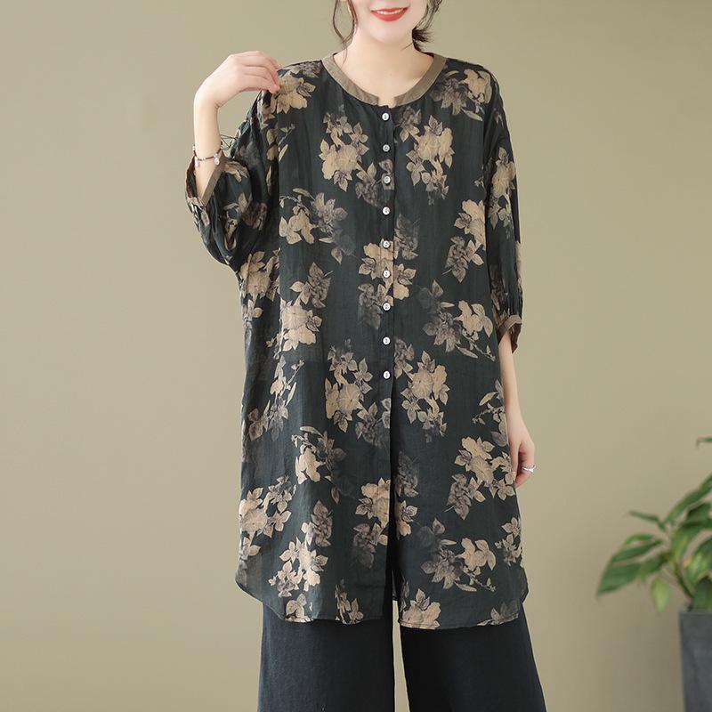 

Retro Floral Print Mid-Length Women s Shirt with Lantern Sleeves, Single-Breasted, Loose Fit, Ramie Fabric, and Five-Point Sleeves. Plus Size чёрный