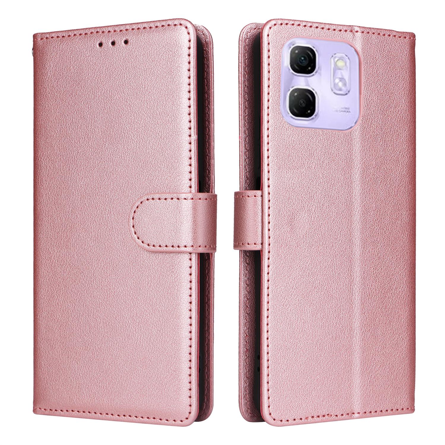 

For Infinix Hot 50i 4G/Smart 9 4G Case Wallet Stand View PU Leather Phone Cover with Wrist Strap Rose Gold